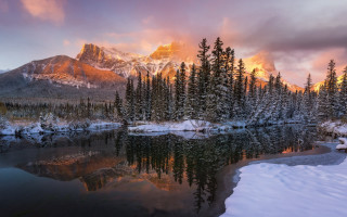 Mountain lake snow trees sunset - photo free wallpaper
