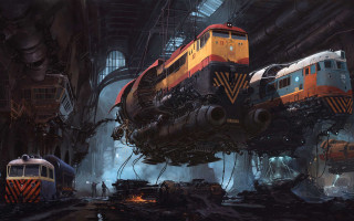 Flying train industrial building retrofuturism - a train free wallpaper for desktop