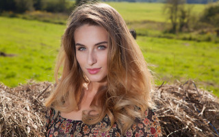 Woman hayfield green background blue - a field of hay free wallpaper