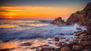 Rocky beach waves sunset orange - a rocky beach free wallpaper