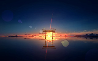 Sunset tower water sky clouds - a sunset free wallpaper for desktop