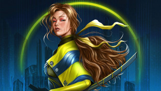 Woman yellow blue suit retrofuturism - a green circle free wallpaper