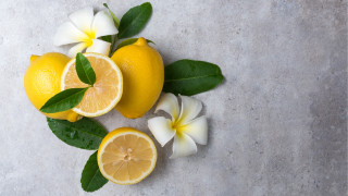 Lemons leaves flowers table gray - product photography free wallpaper