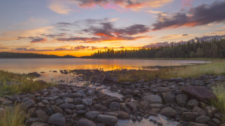 Sunset lake rocks grass forest - rock and grass free wallpaper