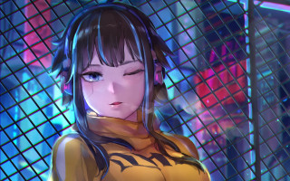 Cyberpunk woman fence blue background - cyberpunk style free wallpaper