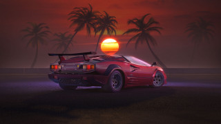 Red sports car sunset palm - outrun free wallpaper