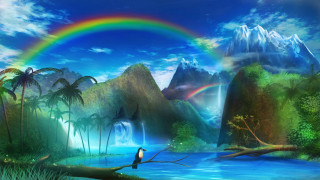 Bird waterfall rainbow fantasy painting - a tree branch in front free wallpaper