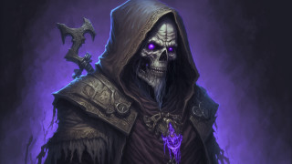 Demonic skeleton purple eyes hood - epic fantasy character art free wallpaper for desktop