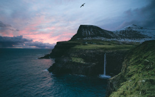 Bird waterfall ocean sunset landscape - cinematic landscape free wallpaper for desktop