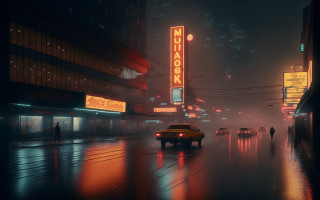 City street night rain neon - the building free wallpaper