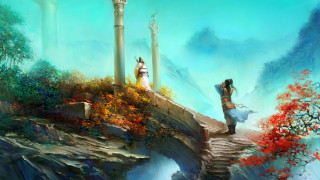 Woman cliff mountain river fantasy - bayard wu free wallpaper