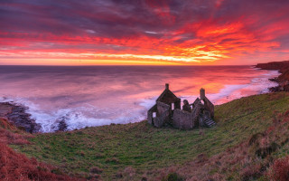 Sunset cliff church water neo - scene free wallpaper for desktop