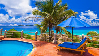 Blue lounge chair pool ocean 2 - an umbrella over free wallpaper