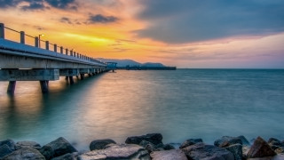 Long pier rocky beach sunset 3 - a long pier free wallpaper