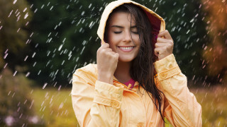 Woman smiling yellow raincoat rain - a yellow jacket free wallpaper
