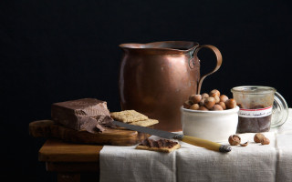 Chocolate pitcher nuts cookie stilllife - professional food photography free wallpaper