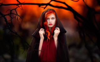 Red haired woman gothic forest - a black cape free wallpaper