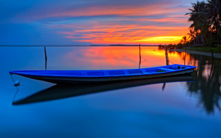 Blue boat lake palm sunset 2 - a blue boat free wallpaper
