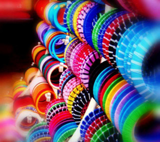 Colorful discs stacked row table - cloisonnism free wallpaper for tablet