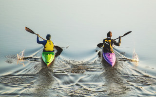 Kayaks paddling lake people raising - two person free wallpaper for desktop