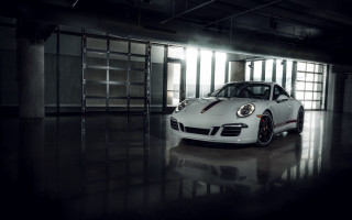 White sports car garage photorealism - path free wallpaper