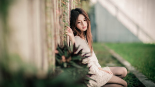 Woman sitting wall plant bokeh - chen lu free wallpaper