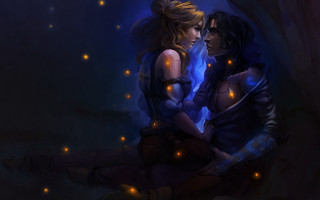 Cave fireflies twowomen bareshoulders fantasy - charlie bowater free wallpaper
