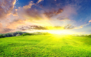 Sunny green mountains fence forest - a bright sun in the sky above free wallpaper