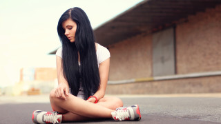 Gothic woman sitting beach blackhair - her shoe free wallpaper