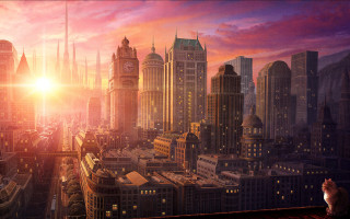 Cat city sunset clock tower - a clock tower in the distance free wallpaper