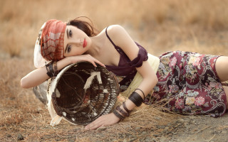 Woman dress laying beach floral - her hand and a hat free wallpaper