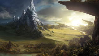 Mountain river forest sunset cloudy - a painting of a mountain landscape free wallpaper