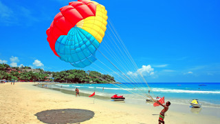 Beach kite children summer sky - the water behind them free wallpaper