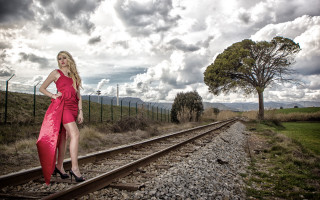 Woman red dress traintrack tree - a train track free wallpaper