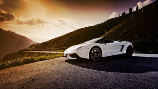 White sports car mountain sunset 2 - dramatic free wallpaper