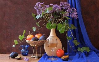 Vase flowers fruit table blue - a blue cloth free wallpaper