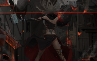Woman red dress sword flames - her back and a demon free wallpaper