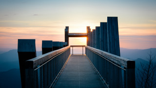 Wooden walkway sunset mountains gate - a wooden walkway free wallpaper