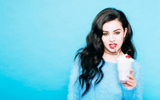 Woman drinking cherry cup blue - a cherry free wallpaper