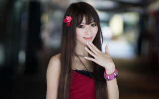 Woman long hair flower portrait 2 - long hair and a flower free wallpaper for desktop