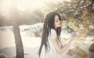 Woman snow holding tree smile - anka zhuravleva free wallpaper