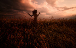 Woman field sunset clouds impressionist - a dark cloud free wallpaper for desktop