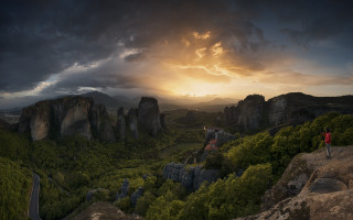 Cliff overlook valley mountains sunset - constantine andreou free wallpaper