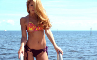 Blonde woman surfboard pole beach - a pole free wallpaper