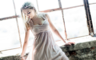 Woman white dress window hands - contemporary free wallpaper