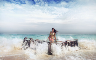 Woman pier ocean waves blue - adobe lightroom free wallpaper