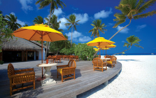 Wooden deck beach palm trees - chair and umbrellas free wallpaper