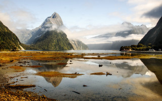Mountain lake birds clouds sunset - a few bird free wallpaper for desktop