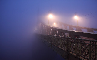 Bridge foggy night city lights - traffic free wallpaper