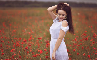 Woman red flower field autumn - a woman in a field free wallpaper